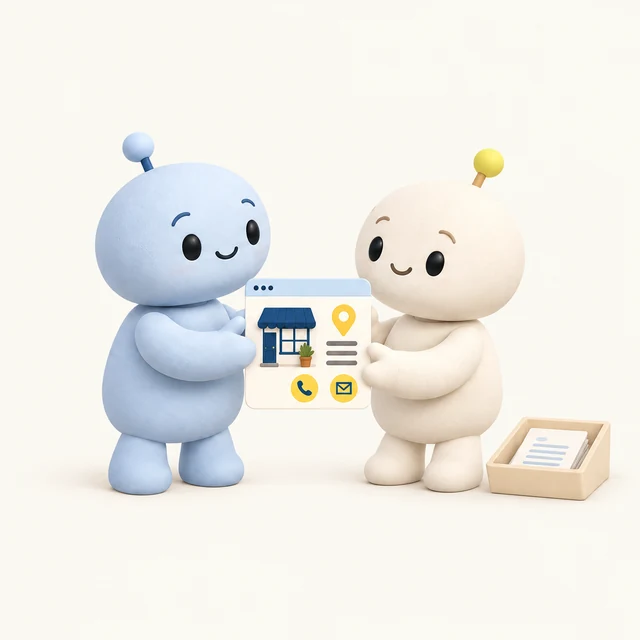 Two friendly AIs share the business facts beside a tray holding a request.