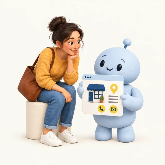 A seated customer looks toward a friendly AI holding the same business facts.