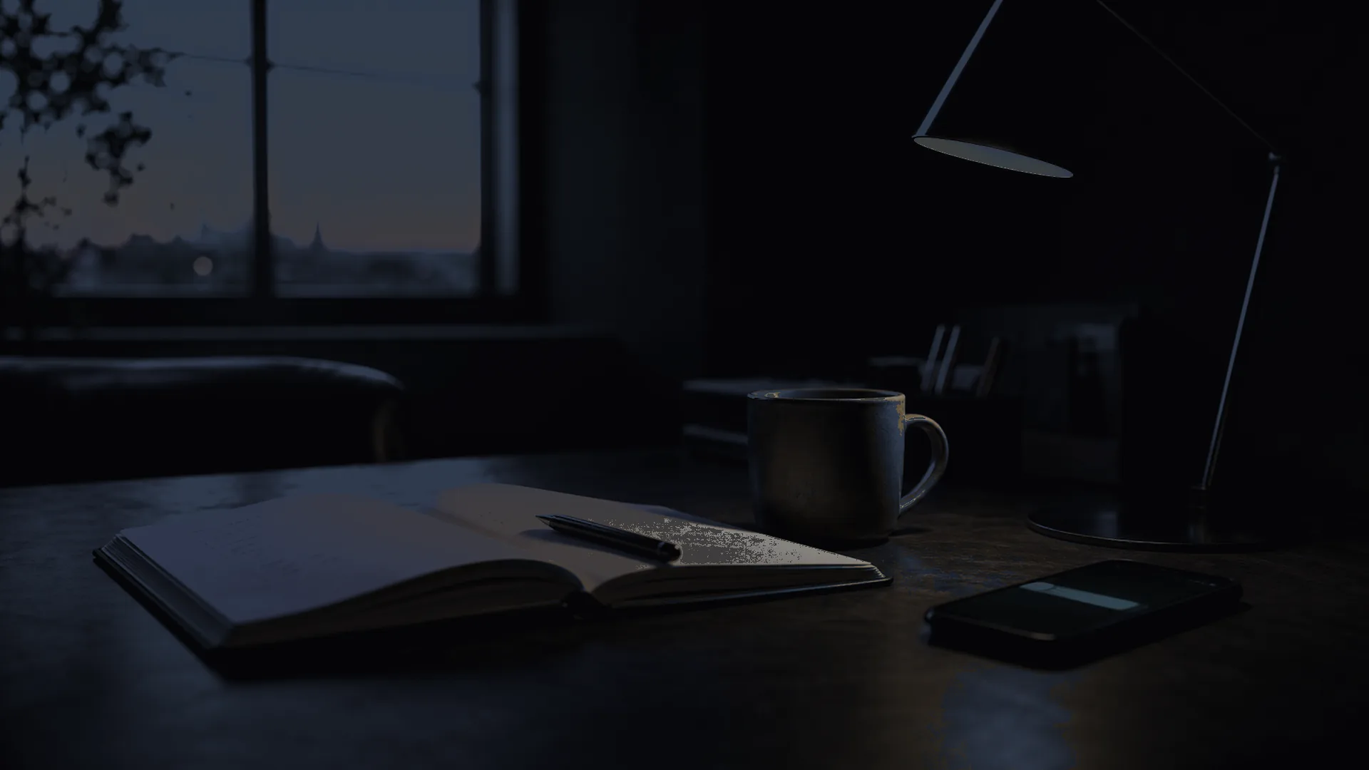 Dark workspace with service notes, local job records, and a screen showing new calls coming in.