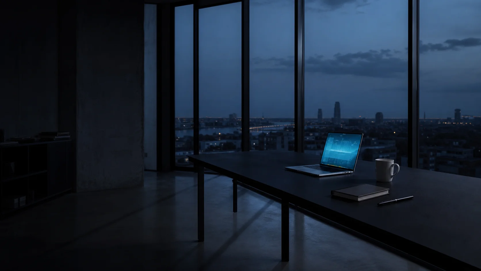 Dark industrial workspace with a controlled yellow signal light and negative space.