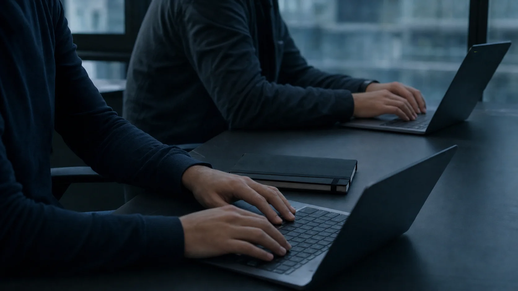 Two operators side-by-side at a long desk, both heads-down on laptops in cool morning light — the team running the system in parallel focus.